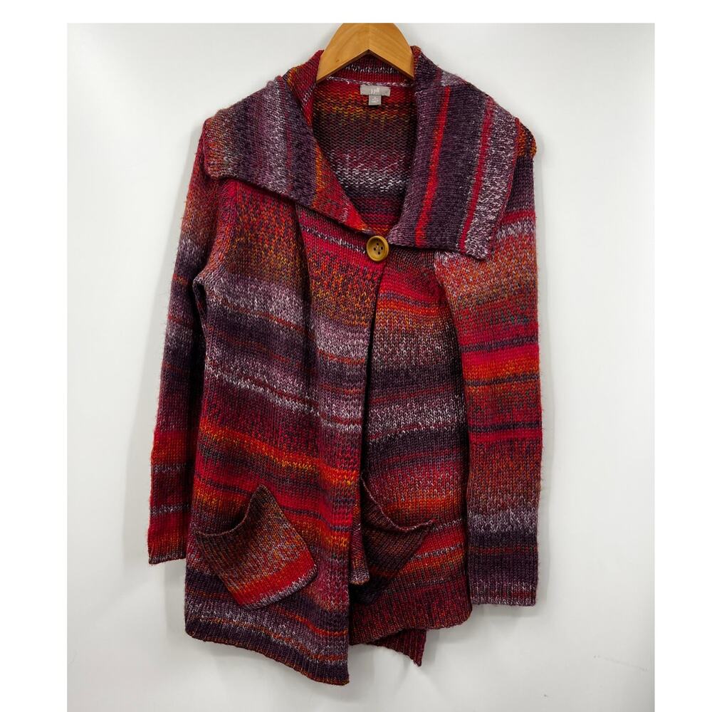 J. Jill Sweater Womens Burgundy Stripe Wool Blend Knit Cardigan Size Small